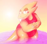  alphys anthro blush boozemelon buckteeth clasped_hands claws clothed clothing female looking_at_viewer one-piece_swimsuit outside reptile scales scalie smile solo standing swimming swimwear teeth thick_tail undertale video_games water yellow_body yellow_scales 