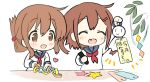  2girls blue_sailor_collar brown_eyes brown_hair chibi closed_eyes commentary_request fang folded_ponytail hair_ornament hairclip hizuki_yayoi ikazuchi_(kantai_collection) inazuma_(kantai_collection) kantai_collection long_hair multiple_girls neckerchief paper_chain red_neckwear sailor_collar school_uniform serafuku short_hair simple_background skin_fang star_(symbol) tanabata tanzaku teruterubouzu upper_body white_background 