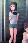  2girls black_eyes black_hair blue_shorts brown_hair camisole commentary_request game_console handheld_game_console head_out_of_frame highres holding_handheld_game_console legs long_hair multiple_girls nintendo_switch open_mouth original outdoors playing_games ponytail qm shirt short_shorts short_sleeves shorts squatting thighs white_camisole white_shirt 