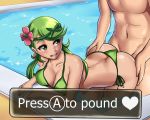  1boy 1girl ass ass_grab bent_over bikini blush breasts butt_crack cleavage clothed_female_nude_male dark_skin english_text flower green_bikini green_eyes green_hair hair_flower hair_ornament heart hetero highres leonart looking_back low_twintails mao_(pokemon) nude open_mouth partially_submerged pokemon pokemon_(game) pokemon_sm pool side-tie_bikini smile swimsuit twintails 