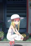  1girl blonde_hair blue_eyes can commentary_request dress eyebrows flower from_side hat highres long_hair original outdoors plant potted_plant qm sandals sleeveless sleeveless_dress soda_can solo squatting summer sun_hat sundress toes white_dress white_footwear 