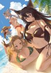  4girls animal_ears ass beach bikini braid breasts choker draph drill_hair earrings erune eyewear_on_head fraux granblue_fantasy haaselia hands_on_hips harvin hat highres hoop_earrings horns jewelry large_breasts lying maria_theresa_(granblue_fantasy) medium_breasts multiple_girls navel nier_(granblue_fantasy) ocean on_stomach one-piece_swimsuit pointy_ears sitting smile straw_hat sunglasses swimsuit taka00277657 twintails wariza 