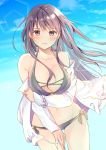  1girl bangs bikini black_hair blue_sky blush bracelet breasts cleavage cocoa_(cafe-hotcocoa) day dutch_angle highres jacket jewelry large_breasts long_hair looking_at_viewer off_shoulder open_clothes open_jacket original outdoors red_eyes sky smile solo swimsuit wind 