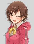  1girl blush brown_hair honda_mio hood hood_down idolmaster idolmaster_cinderella_girls jacket looking_at_viewer narunaru1320 pink_jacket school_uniform short_hair smile solo yellow_neckwear 