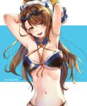  1girl aona_(kuuga19yuu) armpits arms_behind_head arms_up asymmetrical_bangs bangs bare_shoulders beatrix_(granblue_fantasy) blush breasts brown_eyes brown_hair cleavage collarbone eyewear_on_head granblue_fantasy highres large_breasts long_hair looking_at_viewer navel open_mouth ponytail smile sunglasses 