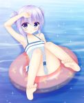  1girl arm_up armpits bangs barefoot blue_eyes blue_swimsuit blush cameltoe casual_one-piece_swimsuit collarbone double_bun eyebrows_visible_through_hair flat_chest full_body gochuumon_wa_usagi_desu_ka? hair_between_eyes halterneck highres innertube kafuu_chino looking_at_viewer one-piece_swimsuit open_mouth polka_dot polka_dot_swimsuit shiny shiny_hair short_hair silver_hair soles solo sparkle swimsuit tied_hair water_surface yukatama 