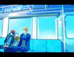  3boys blazer blonde_hair blue_hair cheek_poking jacket kagami_taiga kiknro175 kise_ryouta kuroko_no_basuke kuroko_tetsuya male_focus multiple_boys necktie pants poking red_hair scarf school_uniform short_hair sleeping sweater train_interior 