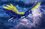  2020 4_toes ambiguous_gender blue_body blue_feathers blue_fur canid canine canis digital_media_(artwork) feathered_wings feathers feral flashw fur hybrid mammal paws solo toes wings wolf yellow_body yellow_feathers 