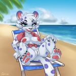  1:1 animal_crossing anthro beach beach_chair bianca_(animal_crossing) breasts clitoral_hood clitoris clothing feet felid female genitals hi_res humanoid_genitalia humanoid_pussy licking licking_lips looking_at_viewer mammal nintendo nipples palm_tree pantherine pawpads presenting presenting_pussy pussy seaside shirt siroc sitting snow_leopard solo spread_legs spreading tied_shirt toes tongue tongue_out topwear tree video_games 
