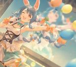  1girl ;d absurdres animal_ear_fluff animal_ears arm_up armpits balloon bangs bare_shoulders blue_hair bow braid breasts bunny_ears carrot_hair_ornament commentary_request dress dutch_angle eyebrows_visible_through_hair food_themed_hair_ornament gawain_(artist) gloves hair_bow hair_ornament hand_up highres holding holding_microphone hololive huge_filesize long_hair microphone multicolored_hair one_eye_closed open_mouth outstretched_arm red_eyes round_teeth short_eyebrows sleeveless sleeveless_dress small_breasts smile solo teeth thick_eyebrows twin_braids twintails two-tone_hair upper_teeth usada_pekora very_long_hair virtual_youtuber white_bow white_dress white_gloves white_hair wrist_cuffs 