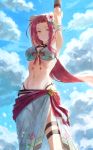  1girl arm_up arms_up breasts cleavage day flower hair_flower hair_intakes hair_ornament highres long_hair medium_breasts navel princess_connect! princess_connect!_re:dive red_hair ruka_(princess_connect!) sonchi standing 