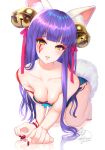  1girl animal_ears bangs barefoot bell blunt_bangs blush breasts cleavage collarbone dakki_(monster_strike) facepaint fox fox_ears hair_bell hair_ornament hair_ribbon kitsune kohanayuki lipgloss lips medium_breasts monster_strike purple_hair red_nails red_ribbon ribbon seductive_smile signature simple_background slit_pupils smile teeth white_background yellow_eyes 