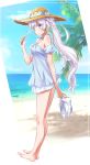  1girl beach blue_eyes dress earrings food footwear_removed full_body hat highres iesupa jewelry long_hair ponytail popsicle rwby scar scar_across_eye seashell_earrings side_ponytail solo straw_hat 