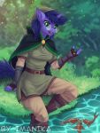  2020 anthro clothed clothing day detailed_background digital_media_(artwork) equid equine eyebrows eyelashes female fish fur green_eyes group hair horn imanika mammal marine outside purple_body purple_fur purple_hair sky smile unicorn 