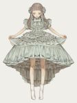  1girl bangs beige_background bow brown_hair closed_eyes closed_mouth dress frills green_dress green_neckwear highres long_hair original sakauchi_waka simple_background solo standing white_footwear 