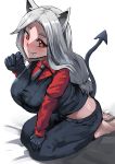  1girl animal_ears barefoot black_gloves black_pants black_vest blush business_suit cerberus_(helltaker) chung_cthemax dog_ears fangs fangs_out formal gloves grey_hair hand_on_own_knee hand_up helltaker highres long_hair looking_at_viewer necktie no_shoes pants red_eyes red_shirt shirt sitting sitting_on_lap sitting_on_person soles solo suit tail vest white_background 