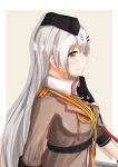  1girl absurdres barrette belt breasts brown_background brown_jacket girls_frontline grey_eyes grey_hair hat highres huge_filesize jacket long_hair looking_at_viewer military military_hat military_uniform profile shirt silver_hair smile solo svd_(girls_frontline) svd_fun tape uniform white_hair white_shirt 