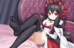  &gt;:) 1girl black_choker black_hair black_legwear bonnet breasts choker cleavage crossed_legs dress elbow_gloves feet gloves highres ilya_(princess_connect!) licking_lips long_hair looking_at_viewer mvv panties princess_connect! princess_connect!_re:dive red_eyes small_breasts smile solo thighhighs tongue tongue_out underwear white_panties 