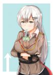 1girl absurdres barrette belt black_gloves blue_background breasts brown_jacket crossed_arms cup drinking girls_frontline gloves grey_eyes grey_hair highres huge_filesize jacket leaning_forward long_hair looking_at_viewer medium_breasts military military_uniform shirt silver_hair simple_background smile solo svd_(girls_frontline) svd_fun uniform white_hair white_shirt 