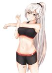  1girl absurdres barcode_tattoo bare_legs barrette black_shorts black_sports_bra breasts eyebrows_visible_through_hair girls_frontline grey_eyes grey_hair hair_ribbon hand_up highres jewelry long_hair looking_at_viewer medium_breasts navel ponytail ribbon ring short_shorts shorts silver_hair smile solo sports_bra sportswear stomach svd_(girls_frontline) svd_fun tattoo very_long_hair white_background 