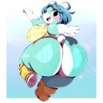  1:1 2020 absurd_res animal_crossing anthro big_breasts big_butt blue_body blue_fur blue_hair bluebear_(animal_crossing) bodily_fluids breasts butt clothed clothing curvy_figure female fur hair hi_res huge_butt legwear looking_at_viewer mammal multicolored_body multicolored_fur nintendo one_eye_closed open_mouth pawpads simple_background solo sweat thick_thighs trinity-fate62 two_tone_body two_tone_fur ursid video_games voluptuous white_body white_fur wink 