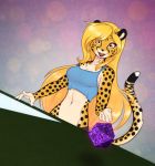  2020 5_fingers absurd_res amber_eyes anthro blonde_hair cheetah claws clothed clothing d20 dice digital_media_(artwork) felid feline female fingers fur hair hi_res long_hair mammal mihari open_mouth open_smile scorpdk smile solo spots spotted_body spotted_fur topwear 