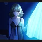  1girl arm_at_side babydoll bangs bare_arms bare_shoulders bed_sheet black_ribbon blue_eyes breasts cleavage closed_mouth collarbone curtains eyebrows_visible_through_hair glowing green_eyes green_hair heterochromia highres idolmaster idolmaster_cinderella_girls indoors lace_trim looking_at_viewer medium_breasts navel niba_iru!? ribbon see-through short_hair smile solo stomach takagaki_kaede underwear underwear_only upper_body 