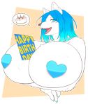  amad_no_moto anthro big_breasts birthday birthday_cake blue_eyes blue_hair blush breasts cake canid canine canis female food fur hair huge_breasts mammal nipple_tape open_mouth pasties simple_background solo tape teeth text white_body white_fur wolf 