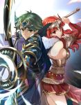  1boy 1girl alm_(fire_emblem) armor arrow_(projectile) bow_(weapon) breasts cape celica_(fire_emblem) closed_mouth fingerless_gloves fire_emblem fire_emblem_echoes:_shadows_of_valentia fire_emblem_heroes from_side fur_trim gloves green_eyes green_hair headpiece highres holding holding_bow_(weapon) holding_sword holding_weapon long_hair misu_kasumi red_eyes red_hair short_hair sideboob sword weapon 