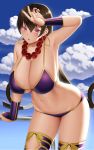  1girl armpits bangs bare_shoulders bead_necklace beads bikini blue_sky blush breasts bridal_gauntlets brown_hair cleavage collarbone earrings fate/grand_order fate_(series) gonoike_biwa hair_between_eyes hand_up highres hoop_earrings jewelry large_breasts long_hair looking_at_viewer low-tied_long_hair navel necklace open_mouth prayer_beads purple_bikini purple_eyes purple_legwear sky swimsuit thighhighs thighs xuanzang_(fate/grand_order) 