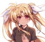  1girl bardiche black_shirt blonde_hair commentary_request dress_shirt fate_testarossa hair_ribbon hand_on_own_chest long_hair looking_at_viewer lyrical_nanoha mahou_shoujo_lyrical_nanoha raiou red_eyes ribbon shirt simple_background solo tears twintails white_background white_ribbon 