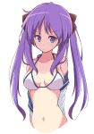  1girl bikini bikini_top breasts collarbone eyebrows_visible_through_hair highres hiiragi_kagami long_hair looking_at_viewer lucky_star medium_breasts mel_(melty_pot) navel purple_eyes purple_hair simple_background solo swimsuit twintails white_background white_bikini 
