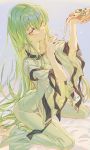  1girl absurdres bangs bed_sheet blush bodysuit breasts c.c. cheese_trail code_geass commentary eating eyebrows_visible_through_hair food green_hair hair_between_eyes highres holding holding_food hong long_hair looking_at_viewer pizza seiza simple_background sitting solo straitjacket strap very_long_hair wide_sleeves yellow_eyes 