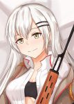  1girl absurdres barrette breasts brown_jacket cleavage dragunov_svd girls_frontline grey_eyes grey_hair gun highres huge_filesize jacket long_hair looking_at_viewer medium_breasts military military_uniform open_clothes open_shirt rifle shirt silver_hair simple_background smile sniper_rifle solo svd_(girls_frontline) svd_fun uniform weapon white_hair white_shirt 