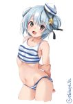  1girl arms_behind_back black_ribbon blue_hair breasts cowboy_shot dixie_cup_hat double_bun ebifurya fang fang_out hat hat_ribbon highres kantai_collection military_hat navel open_mouth ribbon samuel_b._roberts_(kantai_collection) short_hair smile striped striped_swimsuit swimsuit twitter_username white_background white_headwear yellow_eyes 