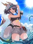  1girl :d absurdres adjusting_clothes adjusting_hat arknights bangs bare_arms bare_shoulders baseball_cap belt bikini black_bikini blue_sky ch&#039;en_(arknights) cloud commentary_request cowboy_shot day dragon_horns dragon_tail eyebrows_visible_through_hair furuki_ayaginutaira grey_shorts hand_up hat highres horns horns_through_headwear long_hair looking_at_viewer navel open_fly open_mouth partial_commentary pouch purple_hair red_eyes short_shorts shorts sidelocks sky smile solo standing stomach sun swimsuit tail thighs wading water water_drop white_headwear 