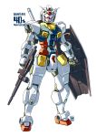  anniversary beam_rifle energy_gun glowing glowing_eyes gun gundam highres holding holding_gun holding_shield holding_weapon kaneko_tsukasa looking_down mecha mobile_suit_gundam no_humans pink_eyes redesign rx-78-2 shield solo standing weapon white_background 