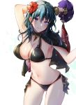  1girl arm_behind_head arm_up armpits bangs bare_shoulders bikini black_bikini blue_hair blush breasts byleth_(fire_emblem) byleth_(fire_emblem)_(female) capelet cleavage collarbone fire_emblem fire_emblem:_three_houses flower hair_flower hair_ornament highres large_breasts looking_at_viewer medium_hair navel nekolook purple_hair simple_background smile swimsuit thighs wet 