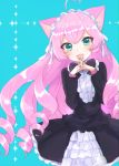  2018 ahoge alternate_costume animal_humanoid bell black_bow black_clothing blue_background blush bow_tie cat_humanoid clothing felid felid_humanoid feline feline_humanoid female gothic_lolita green_eyes hair humanoid lolita_(fashion) long_hair looking_at_viewer maid_headdress mammal mammal_humanoid pink_hair portrait rosia_(show_by_rock!!) show_by_rock!! simple_background solo three-quarter_portrait young yuikawa 