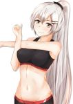  1girl absurdres barrette black_sports_bra breasts eyebrows_visible_through_hair girls_frontline grey_eyes grey_hair hair_ribbon hand_up highres jewelry long_hair looking_at_viewer medium_breasts navel ponytail ribbon ring silver_hair smile solo sports_bra sportswear stomach svd_(girls_frontline) svd_fun very_long_hair white_background 