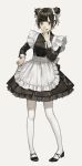  1girl bangs black_footwear blunt_bangs brown_eyes double_bun fingernails grey_background hair_bun highres holding maid mole mole_under_eye open_mouth original sakauchi_waka short_hair simple_background solo standing teeth 