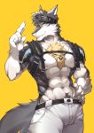  2020 abs absurd_res anthro athletic clothed clothing fur grey_body hair hi_res male mammal multicolored_body multicolored_fur muscular muscular_anthro muscular_male pecs simple_background solo two_tone_body two_tone_fur vortiganshine white_body white_fur yellow_background 