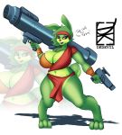  anthro bandanna big_breasts blue_eyes breasts buckteeth clothed clothing crossgender dkdevil epic_games female fur green_body hair hare hi_res jazz_jackrabbit jazz_jackrabbit_(series) lagomorph leporid looking_at_viewer mammal ranged_weapon rocket_launcher simple_background smile solo teeth text thick_thighs video_games weapon 