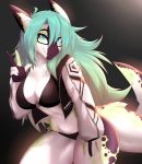  2020 5_fingers absurd_res anthro blue_eyes breasts digital_media_(artwork) female fin fingers fish green_hair hair hi_res horn looking_at_viewer marine non-mammal_breasts shark smile solo standing xaenyth 