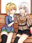  2girls absurdres barrette belt bench black_gloves black_legwear black_skirt blonde_hair blue_jacket breasts brown_gloves brown_jacket cellphone girls_frontline gloves green_shorts grey_eyes grey_hair hair_ribbon hairband highres huge_filesize jacket long_hair military military_uniform multiple_girls phone ponytail red_eyes ribbon scarf shirt shorts silver_hair single_thighhigh sitting sitting_on_bench skirt smartphone socks sv-98_(girls_frontline) svd_(girls_frontline) svd_fun thighhighs uniform white_shirt 