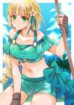  1girl blonde_hair blue_sky closed_mouth cloud day fingerless_gloves fire_emblem fire_emblem:_three_houses fire_emblem_heroes flower gloves green_eyes hair_flower hair_ornament highres holding ingrid_brandl_galatea long_hair midriff outdoors palm_tree polearm sky smile solo swimsuit taguchi_(igutiguti) tree weapon 