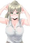  1girl armpits arms_up bangs bare_shoulders beige_skirt blonde_hair blush breasts cleavage closed_mouth collared_shirt commentary_request dress_shirt eyebrows_visible_through_hair green_eyes high_ponytail highres kantai_collection katori_(kantai_collection) long_ponytail looking_at_viewer parted_bangs rimless_eyewear shirt sidelocks sleeveless sleeveless_shirt smile takomeshi white_shirt 