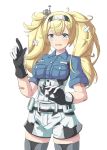  1girl absurdres arthur_ko bandages bandaid bandaid_on_arm belt blonde_hair blue_eyes blue_shirt blush breast_pocket buttons cowboy_shot eyebrows_visible_through_hair flying_sweatdrops gambier_bay_(kantai_collection) gloves highres kantai_collection long_hair multicolored multicolored_clothes multicolored_gloves open_mouth photoshop_(medium) pocket shinkaisei-kan shirt short_sleeves shorts twintails 