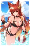  1girl animal_ears anthuria ball bangs bare_shoulders beachball bikini black_bikini black_choker blue_sky blush braid breasts choker cleavage cloud collarbone commentary_request day erune granblue_fantasy hair_between_eyes hair_ornament highres koretsuki_azuma large_breasts long_hair looking_at_viewer navel ocean outdoors parted_lips red_eyes red_hair skindentation sky solo standing swimsuit wading water wrist_cuffs 