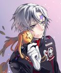  1boy allen_walker black_jacket blue_eyes closed_mouth d.gray-man gloves highres jacket long_sleeves male_focus military_jacket poi237 purple_background silver_hair solo star_(symbol) timcanpy upper_body white_gloves 